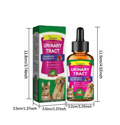 60ml pet pain relief drops bottle with botanical extracts measuring 3.2 by 11.5cm
