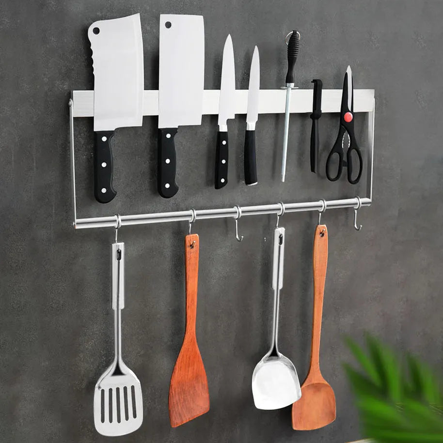 Stainless steel wall-mounted magnetic knife storage rack showing multiple size options