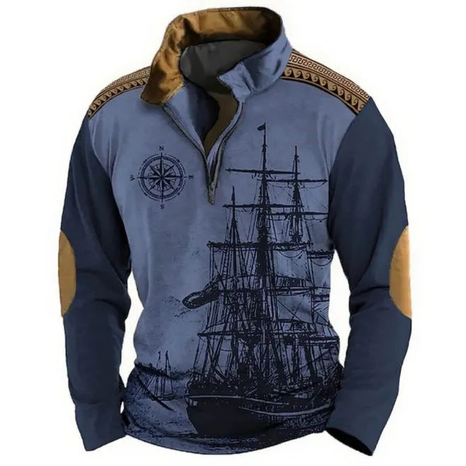 Man wearing a loose-fit long sleeve golf top with retro colour printing and a zipper decoration detail.