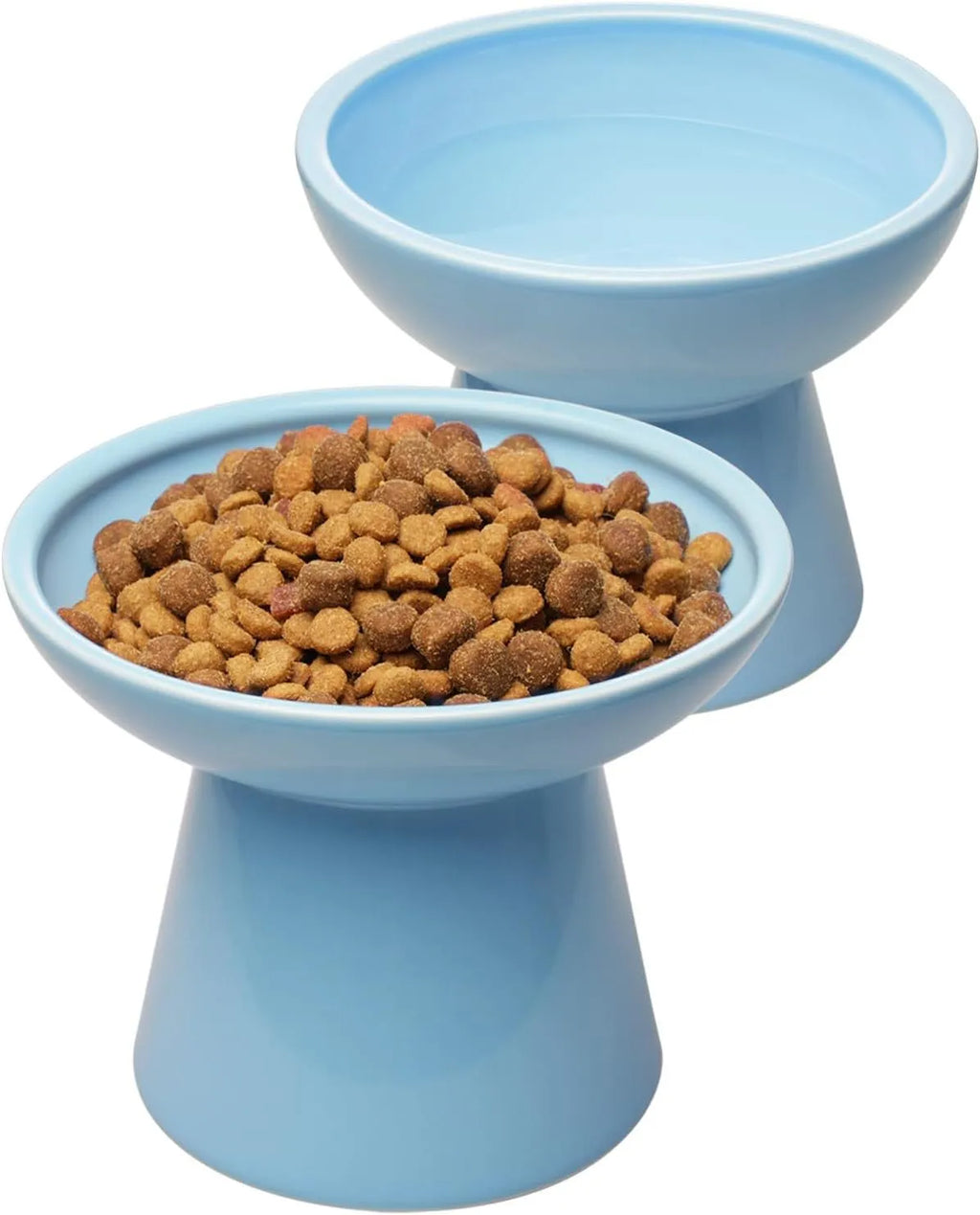 Ceramic elevated cat food bowl with wide shallow design in blue colour