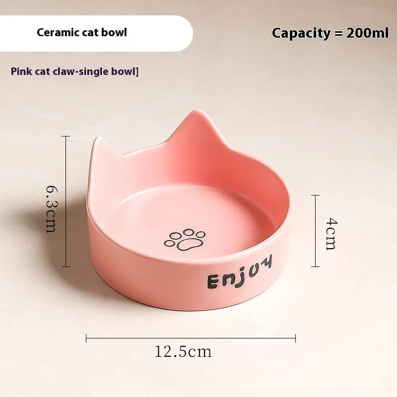 Porcelain cat bowl with wooden anti-tumble frame in chosen colour with cat ear design