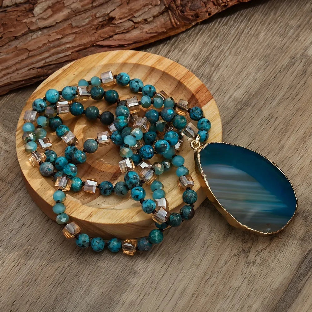 Bohemian natural stone agate water drop pendant necklace with glass beads, available in multiple colours
