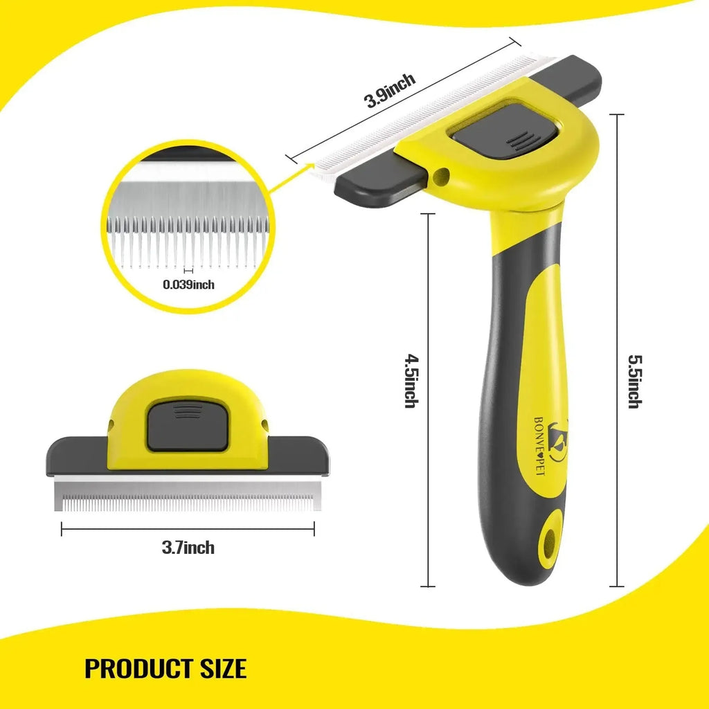 Blue dog grooming comb with removable stainless steel teeth on a plastic handle.