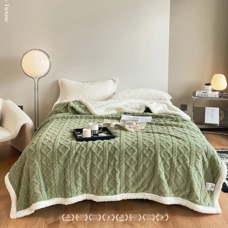 Polyester winter blanket in tea green colour showing thermal flannel texture and rectangular shape
