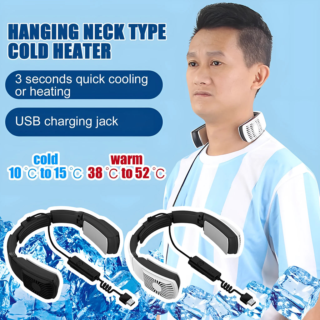Portable wearable neck air conditioner in black with USB cable and adjustable neck band