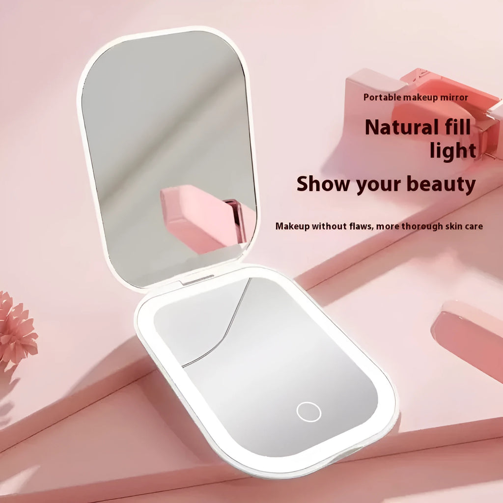 Ultra-thin foldable cosmetic mirror with tricolour light, 10.4x7.5cm HD glass lens, white or pink ABS frame