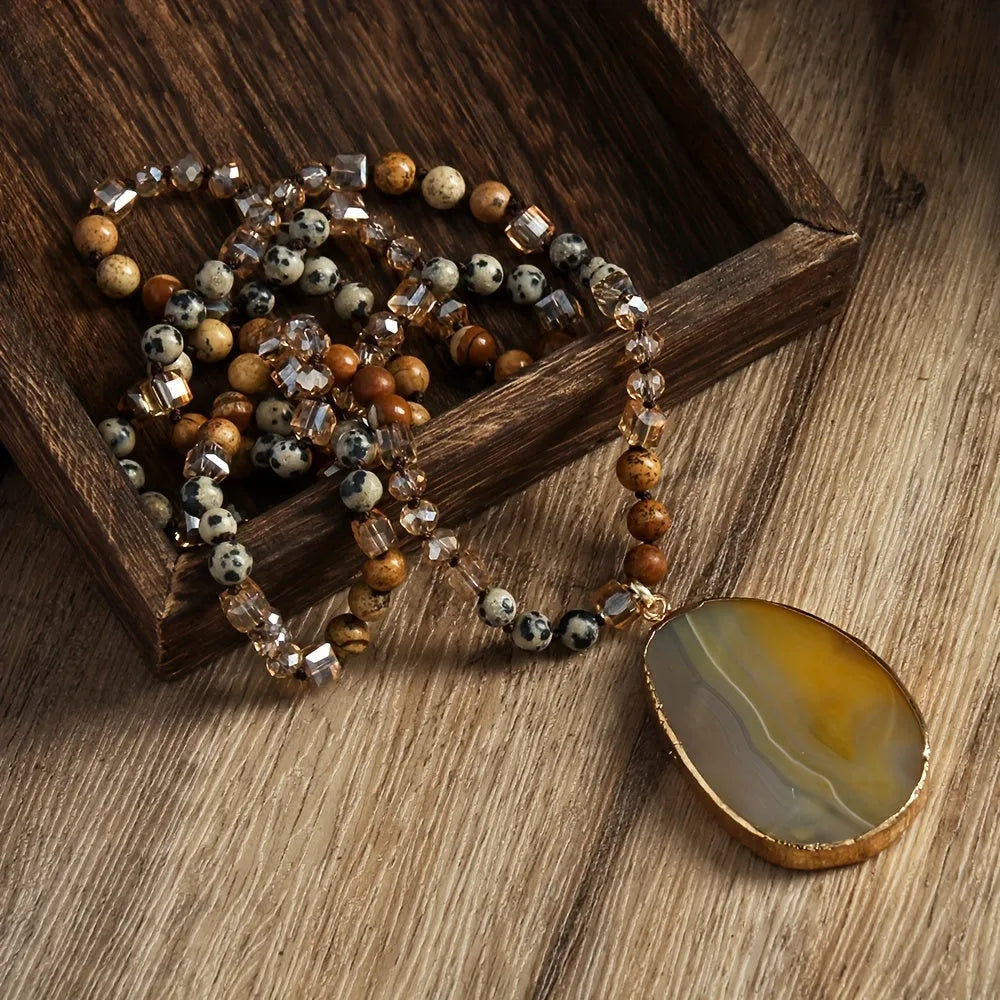 Bohemian natural stone agate water drop pendant necklace with glass beads, available in multiple colours