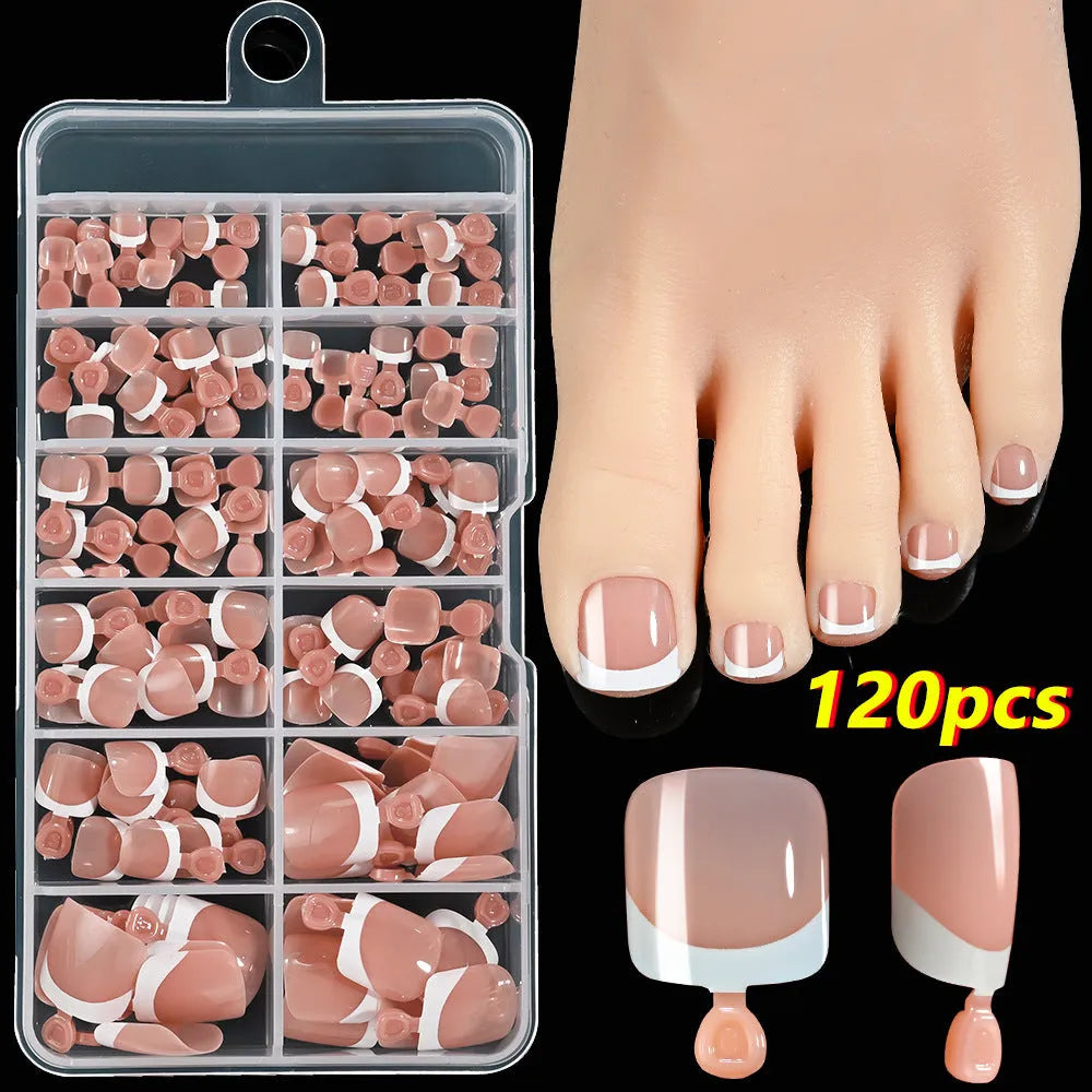 120 pieces box of French white edge short full square toe nail pieces for ladies in multiple colours