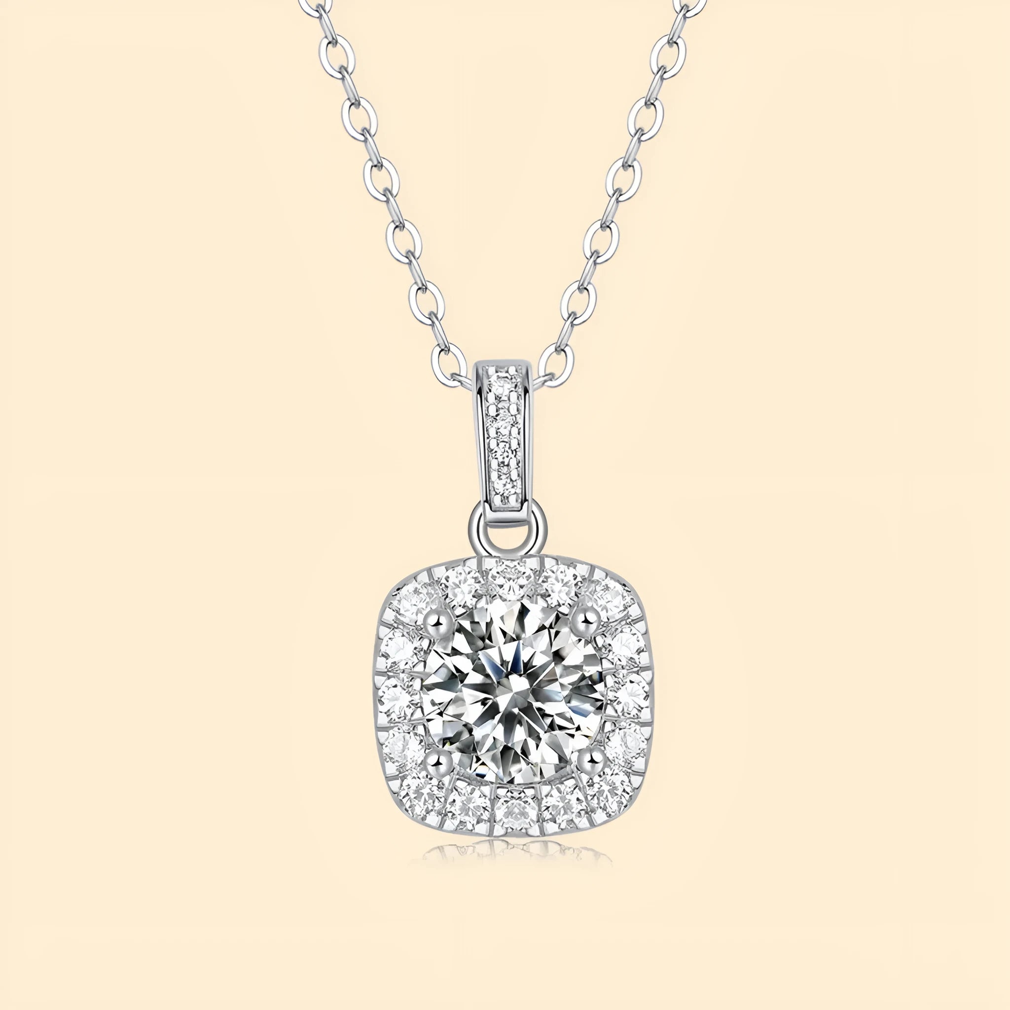 925 silver moissanite cube sugar pendant on ball bead chain against neutral background