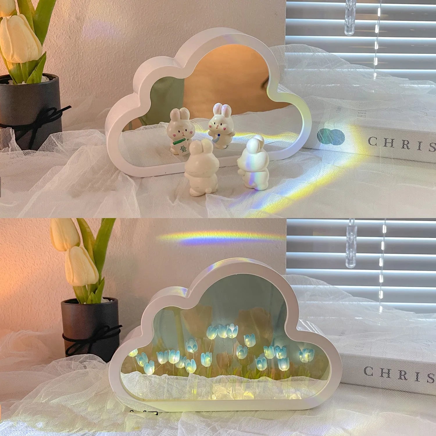 DIY cloud tulip decorative night lamp with LED lights and mirror surface for bedroom or desk