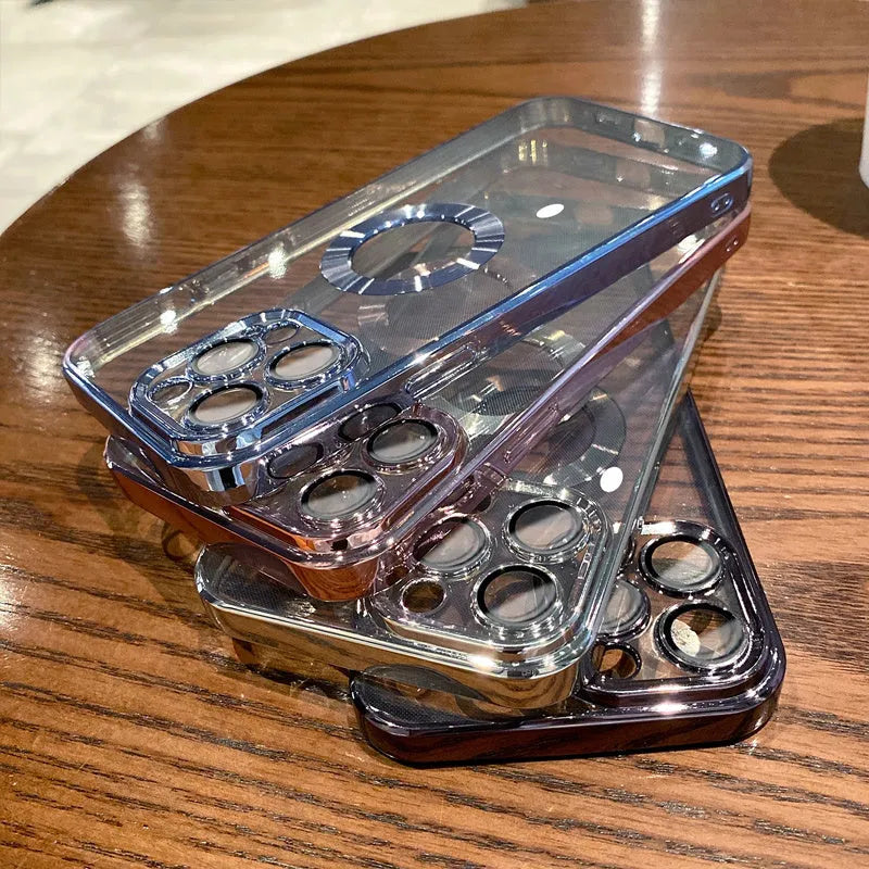 Transparent electroplated silicone iPhone case with built-in camera lens protector in multiple colour options.