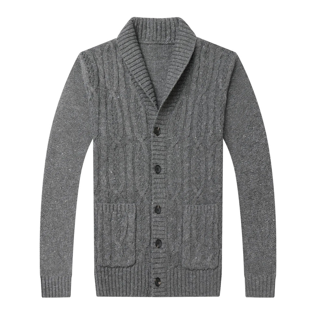 Men's dark grey jacquard knit cardigan jacket on a hanger.