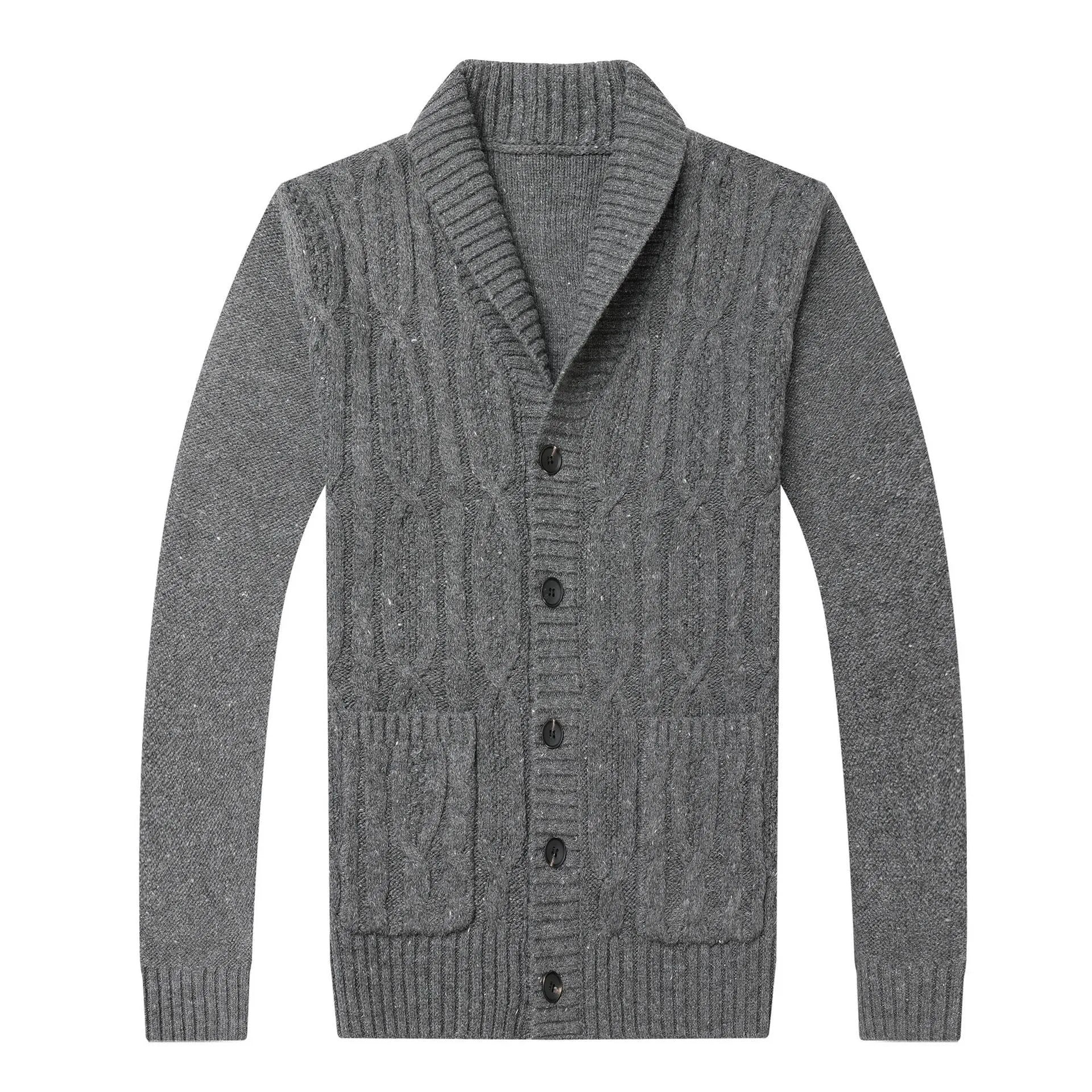 Men's dark grey jacquard knit cardigan jacket on a hanger.