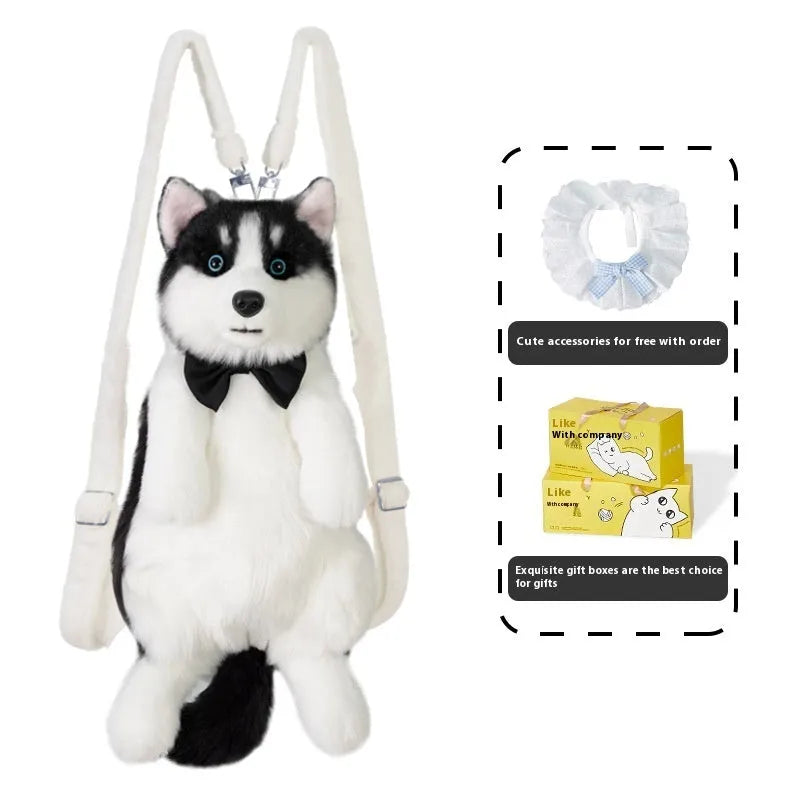Husky plush simulation bag toy with a scarf in a colour gift box
