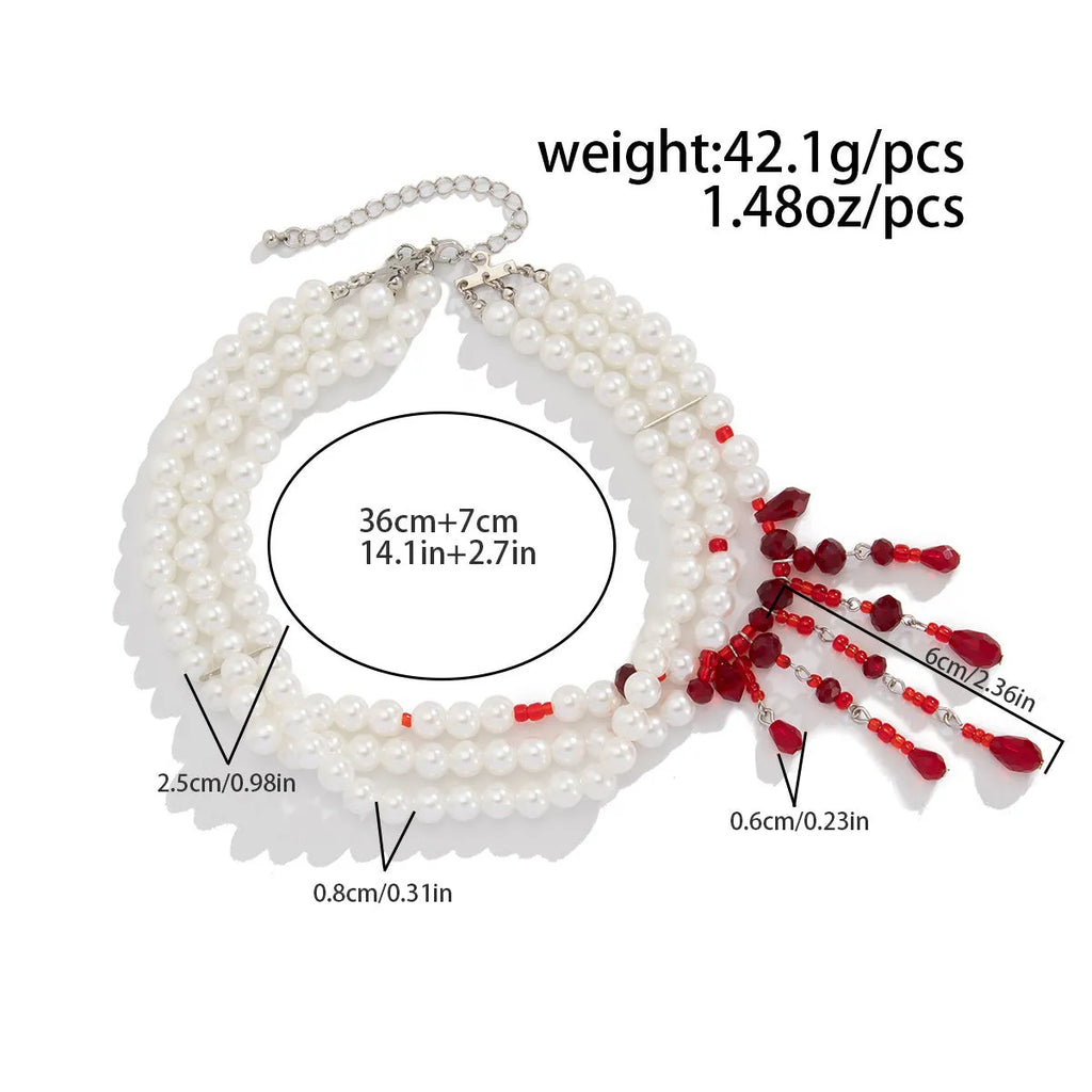 Halloween blood drop geometric pendant necklace with crystal and pearl elements on adjustable chain