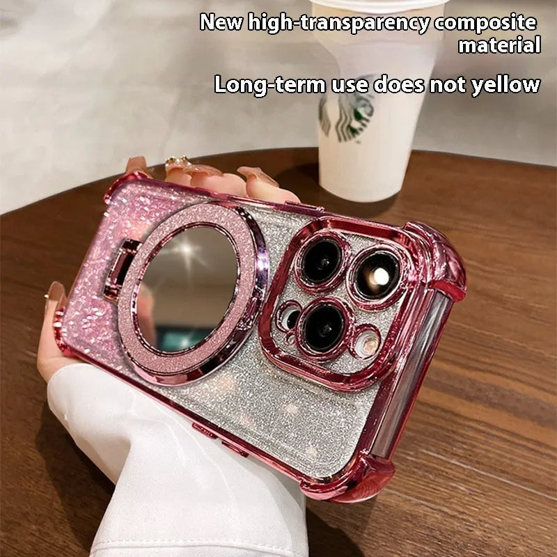Glitter mirror folding bracket phone case for iPhone 16 with drop-resistant PC material in gradient colours