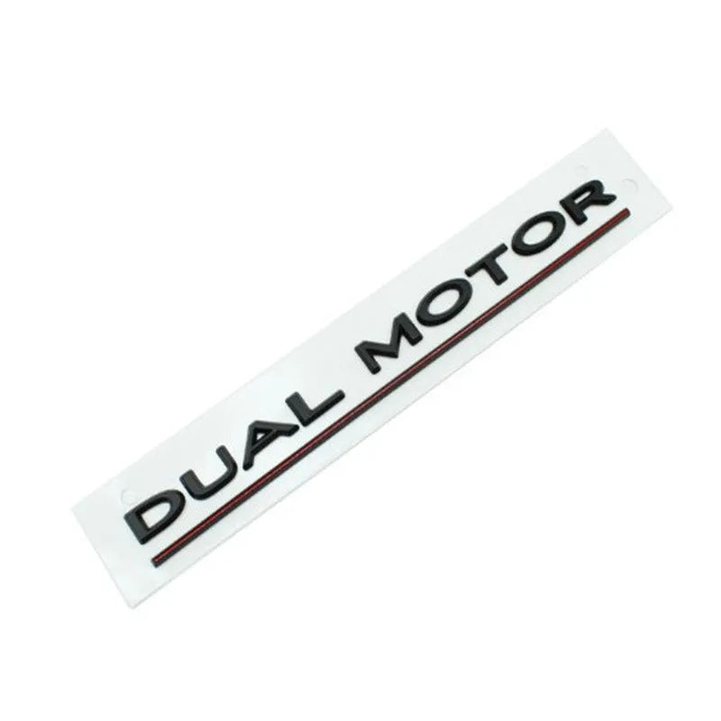 Tesla Model 3 double motor bumper sticker in ABS plastic, 19 cm by 3 cm, showing colour options.
