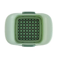 Green manual vegetable chopper with stainless steel cutting grid for slicing onions, potatoes, radishes and cucumbers