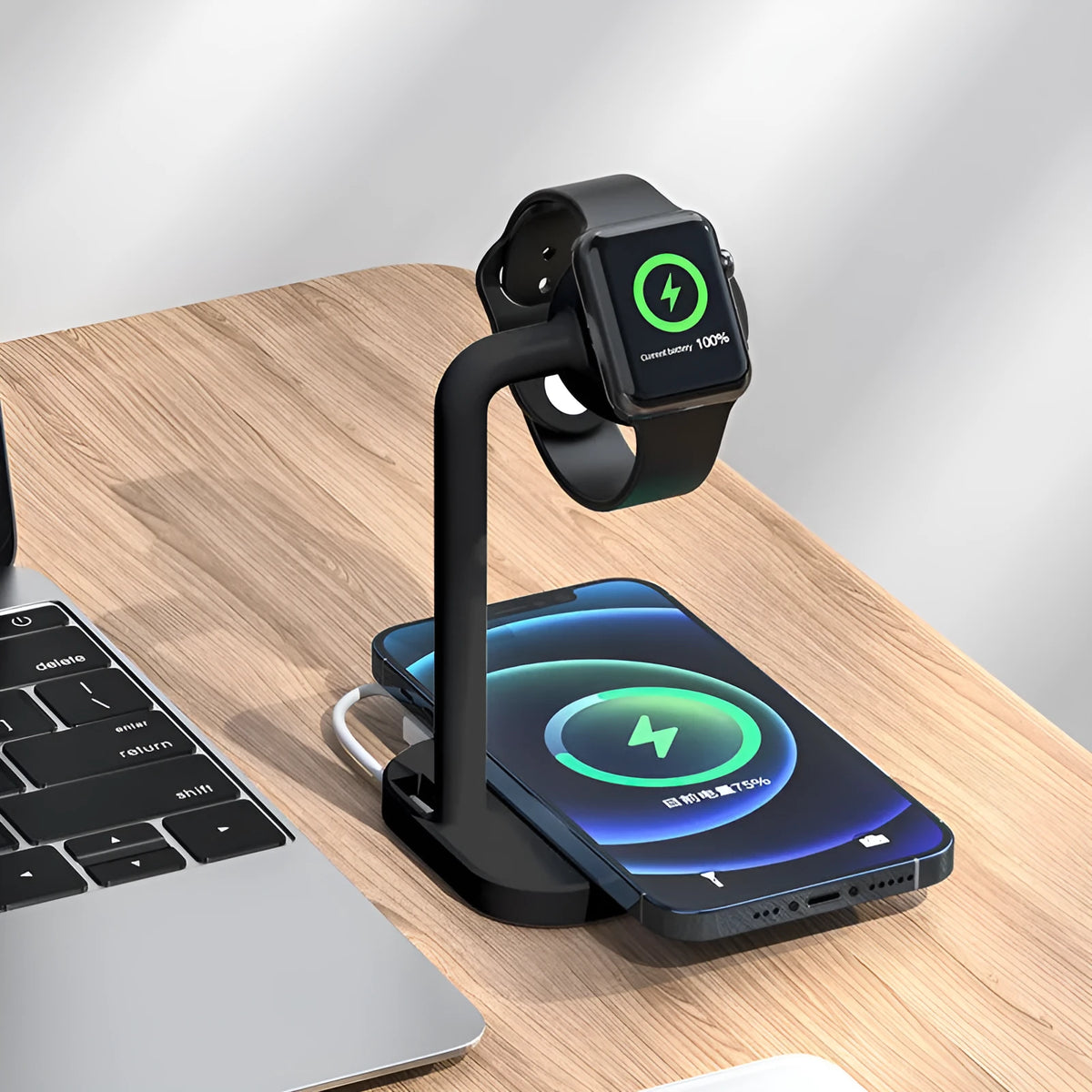 Multi function desktop wireless charging stand in black, holding a smartphone, with LED indicator visible