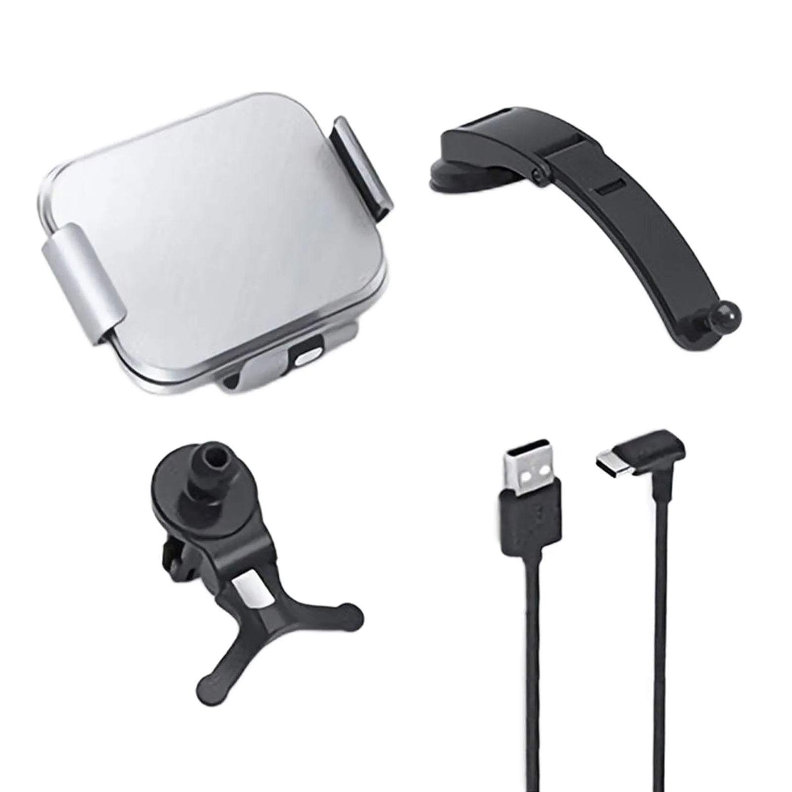 Grey wireless charging car phone holder with folding screen showing air conditioner clip and suction cup mounting options