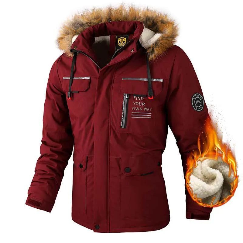 Men's casual hooded windproof parka in Army Green with fur collar, British style, multiple pockets