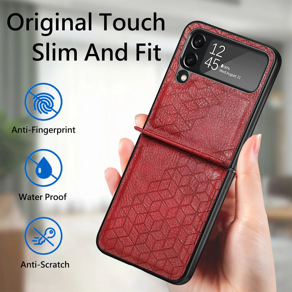 Samsung Z Flip 4 PU leather back cover with rhombus pattern in black, brown, blue, green, and red