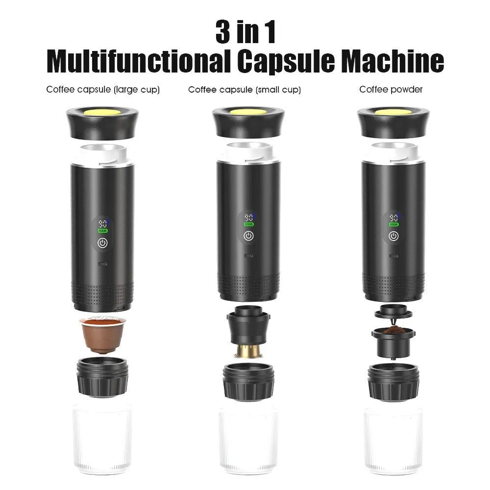 Portable electric capsule coffee machine in black colour with LCD display and compact design for outdoor use