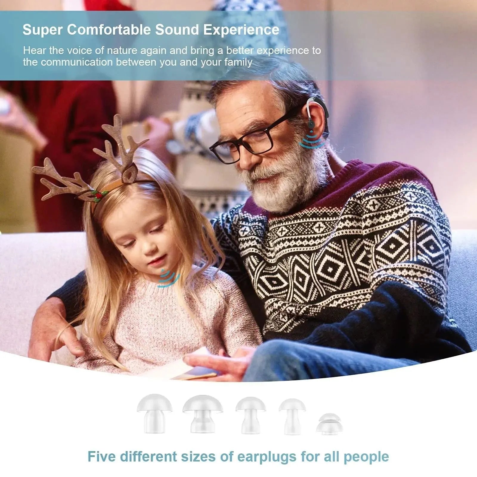 Black behind-the-ear hearing aid with noise reduction, USB rechargeable, 60W power