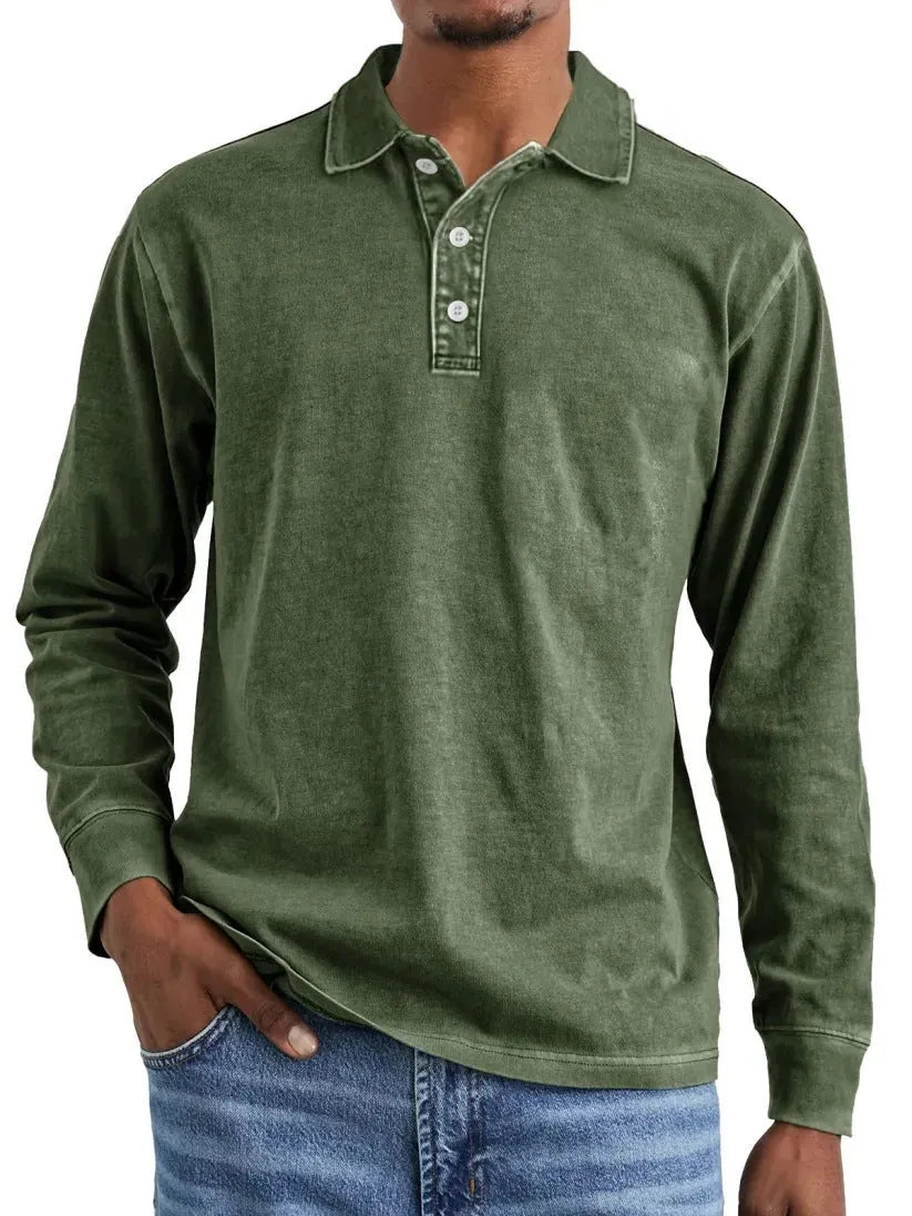 Men's long-sleeve distressed cotton polo shirt with a lapel collar in army green.