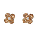 Coffee colour rhinestone pearl petal stud earrings with real gold plating on copper base