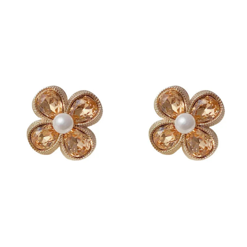 Coffee colour rhinestone pearl petal stud earrings with real gold plating on copper base