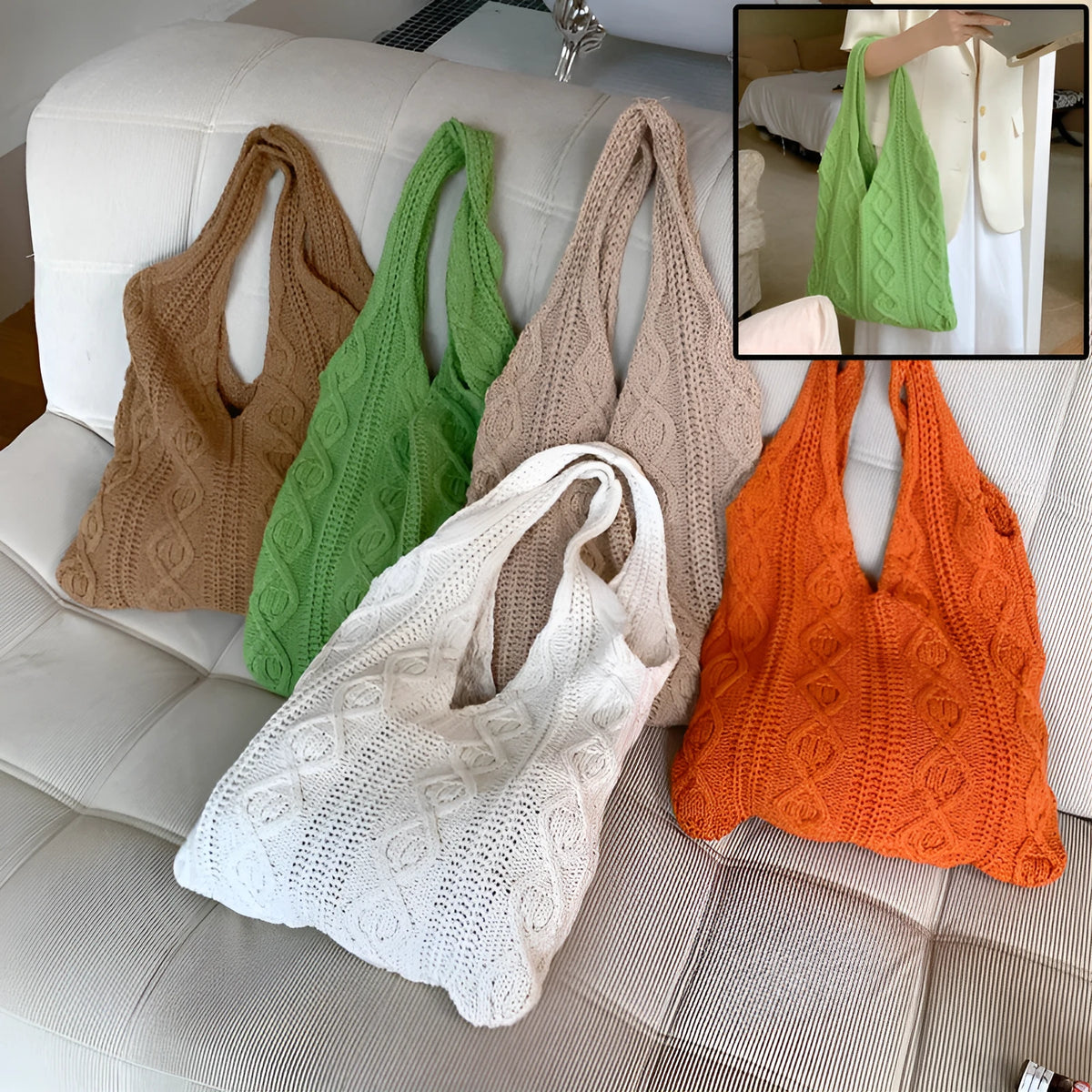 GWomen retro hollow knitted woolen yarn shoulder tote bag in khaki, large 55x37cm size, double straps