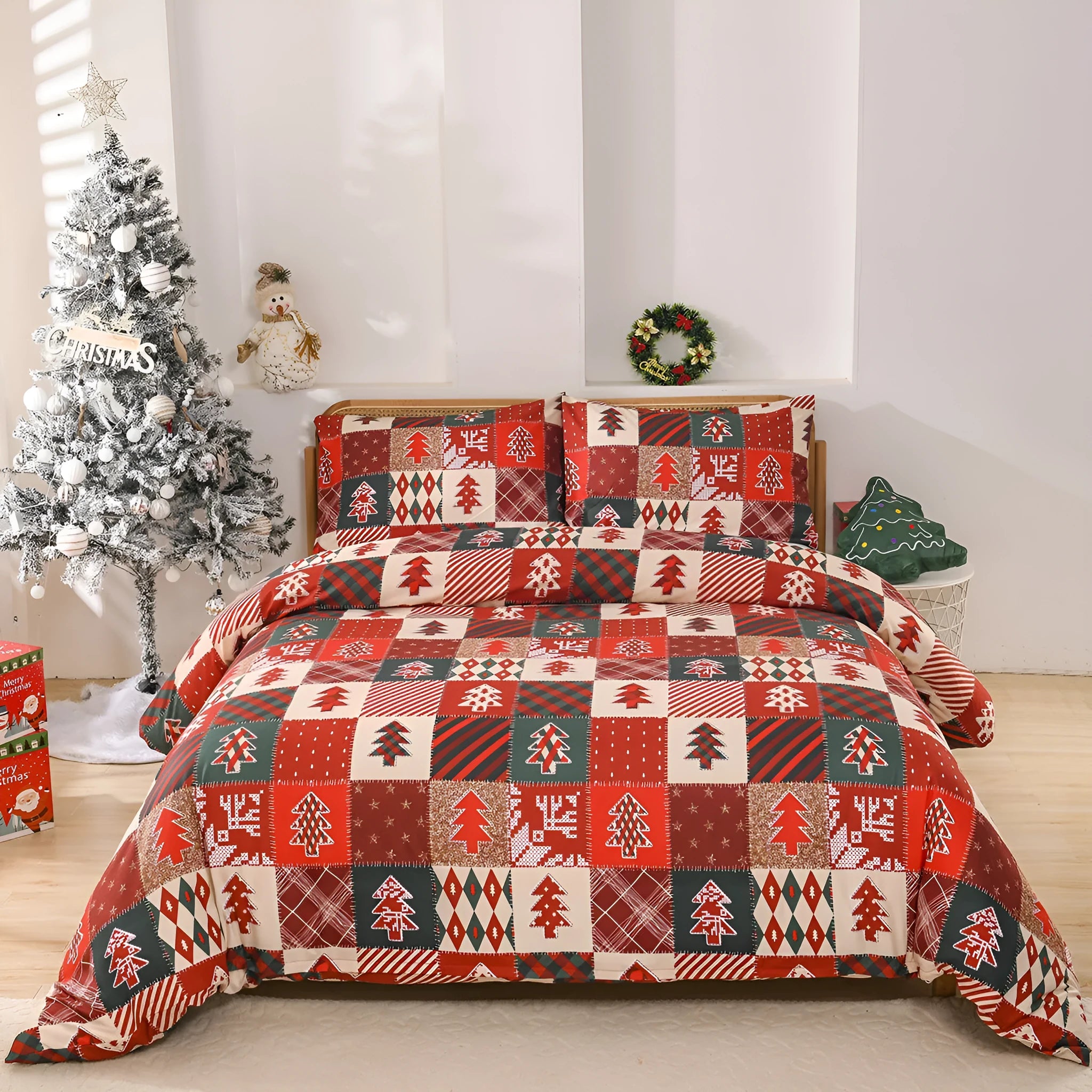 Christmas red plaid pattern three-piece bedding set with quilt cover and pillowcases
