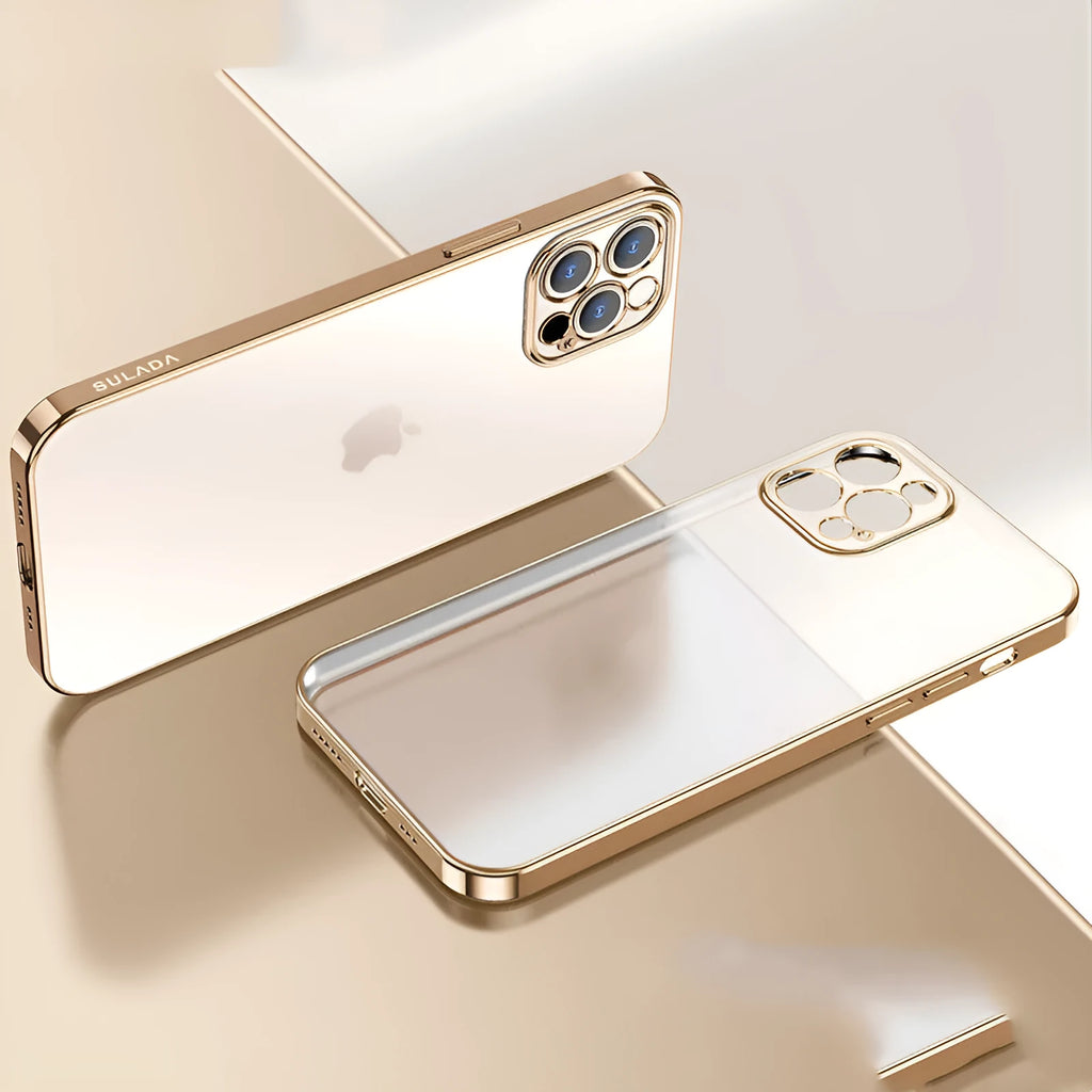 Ultra-thin square frame clear matte silicone phone case for iPhone in blue, green, purple, and yellow.