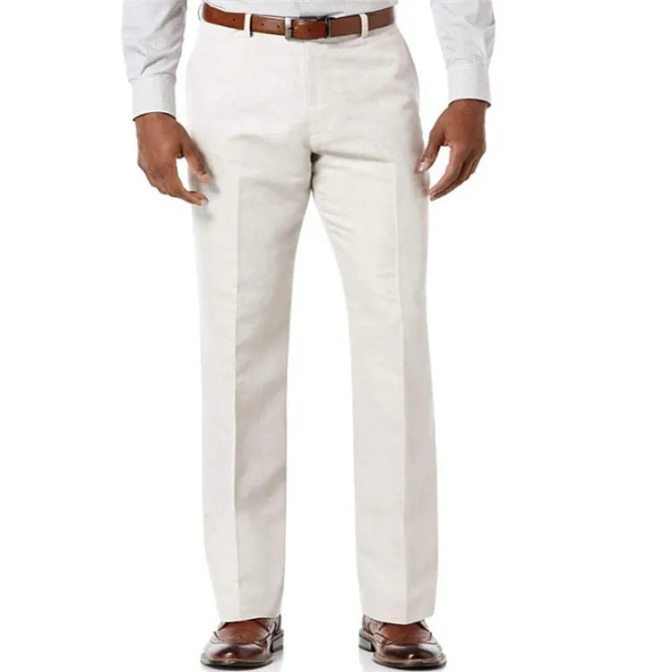 Men's beige white linen-cotton blend casual trousers with slant pockets, laid flat.
