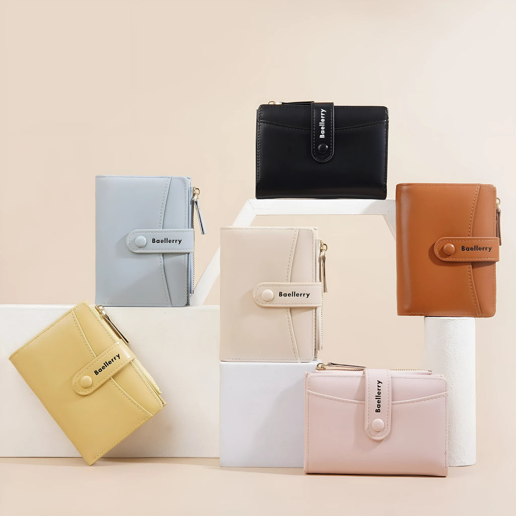 Women's short wallet in PU material showing waterproof, anti-theft features in six colour options