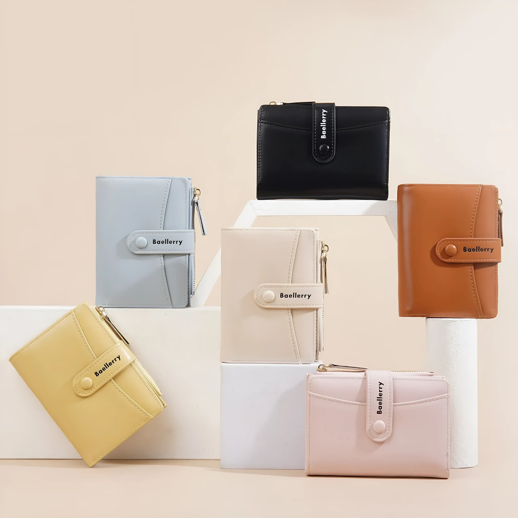 Women's short wallet in PU material showing waterproof, anti-theft features in six colour options