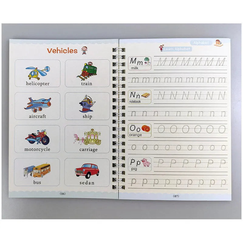 Four magic calligraphy copybooks with square slot design and pen set for children's handwriting practice