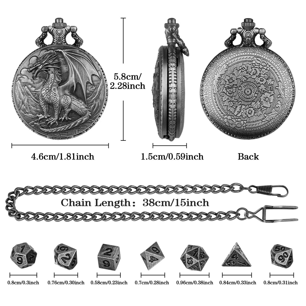 Bronze dice set with 3D carved pocket watch showing seven polyhedral metal dice inside zinc alloy case