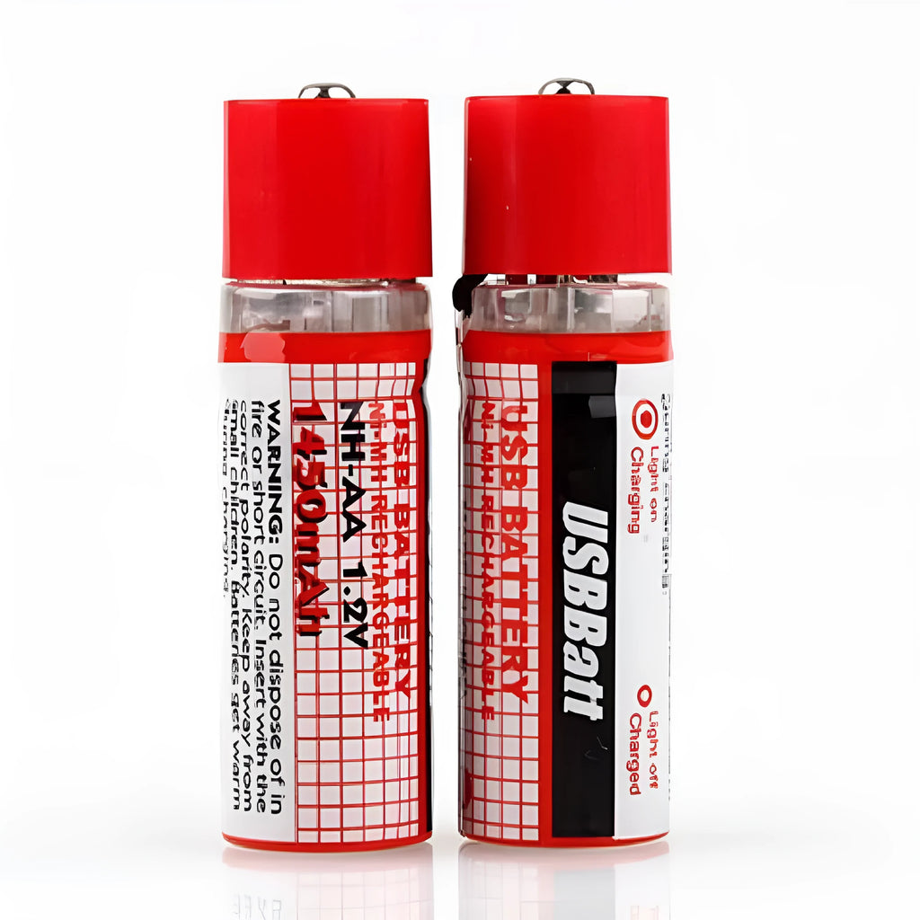 Two red USB rechargeable AA Ni-MH batteries with blue LED charging indicator on white background