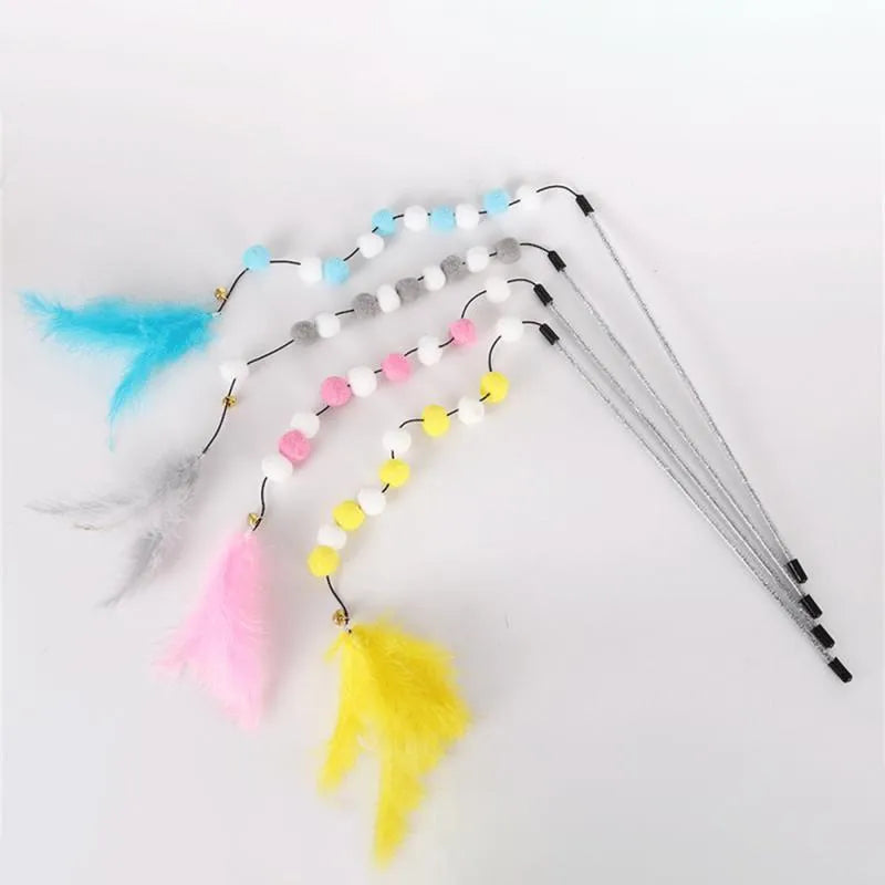 31cm acrylic cat teaser stick with contrast pompon feathers and bell in blue, grey, pink or yellow