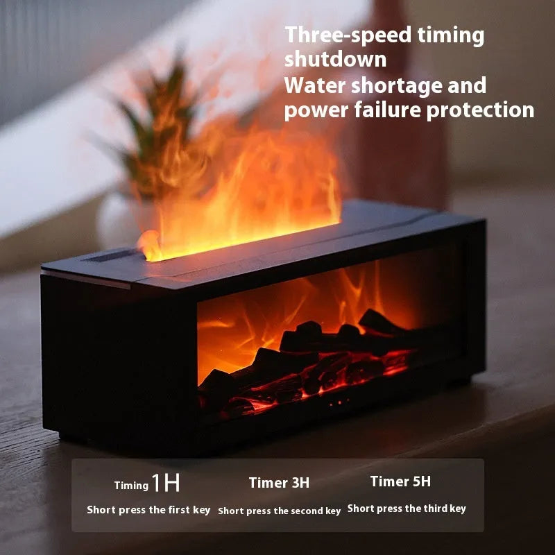 Square desktop flame effect essential oil diffuser with coloured mood lighting and remote control.