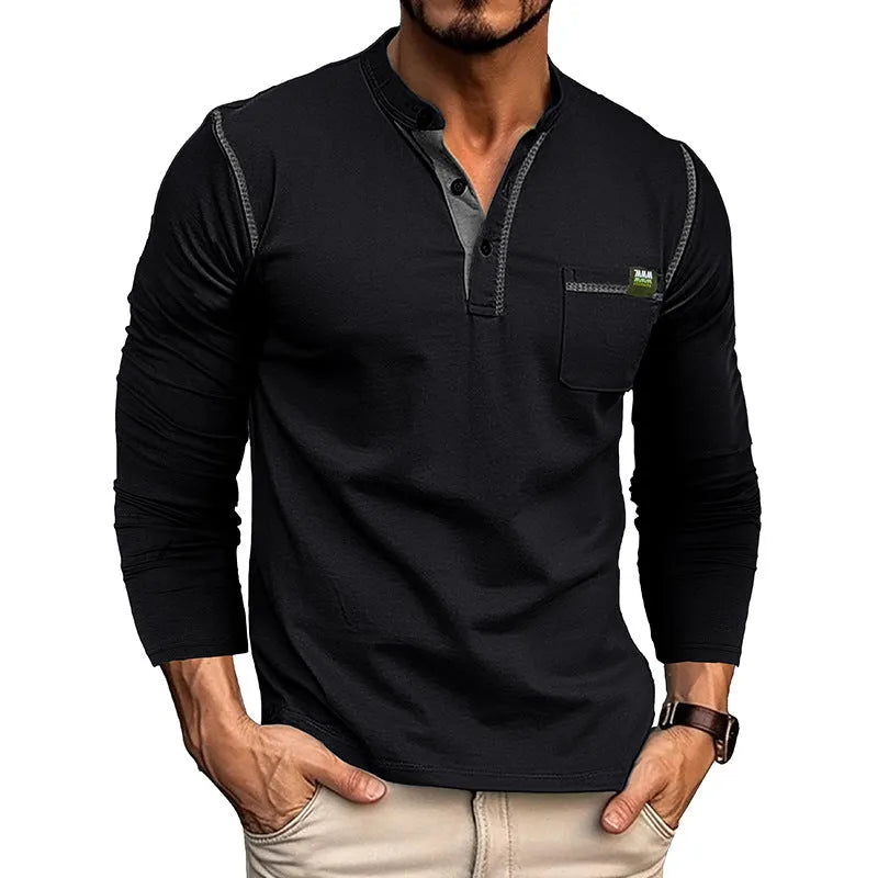 Men's long sleeve color matching cotton blend pullover shirt in six solid colours, sizes S to XXL