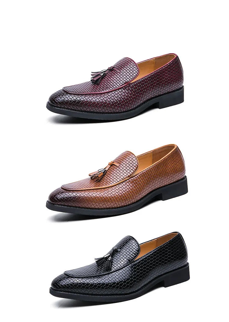 Men's black slip on loafers with pointed toe and tassel detail on PU leather upper