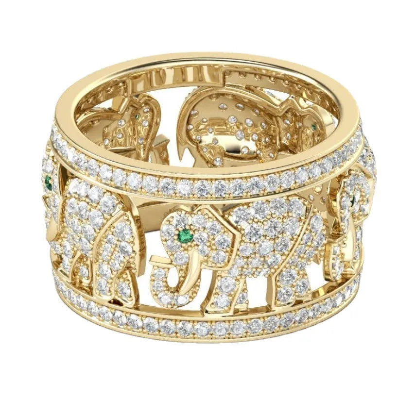 Alloy elephant fashion ring with full diamond design and electroplated finish in silver tone.