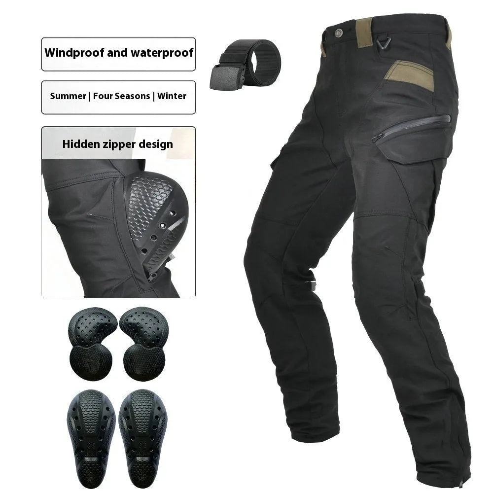 Men's green waterproof motorcycle cycling trousers with belt and protective gear on hanger.
