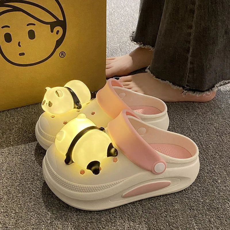 Women's anti-slip platform panda light hole slippers in Khaki, thick PVC sole, size 36-37