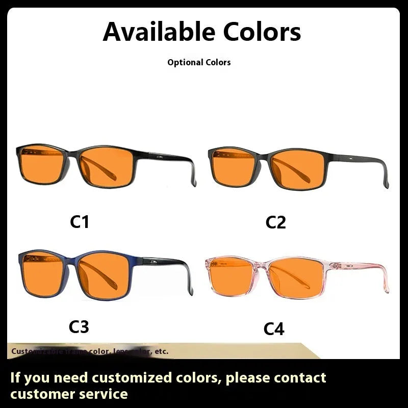 Orange lens anti-blue light glasses with full rim frame in four colour variations