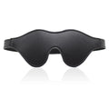Women's black PU leather three-dimensional eye mask with Velcro strap and metal buckle closure.