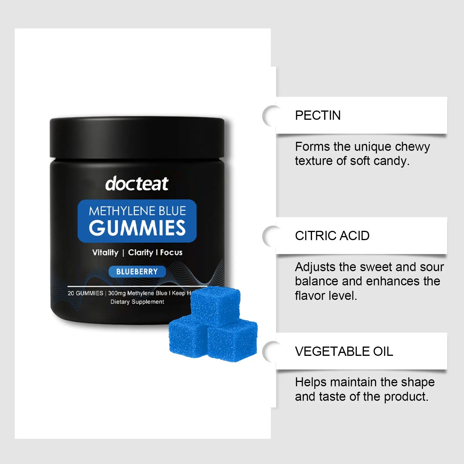 Container of 20 soft candy gummy supplements for body care with methylene blue trihydrate.